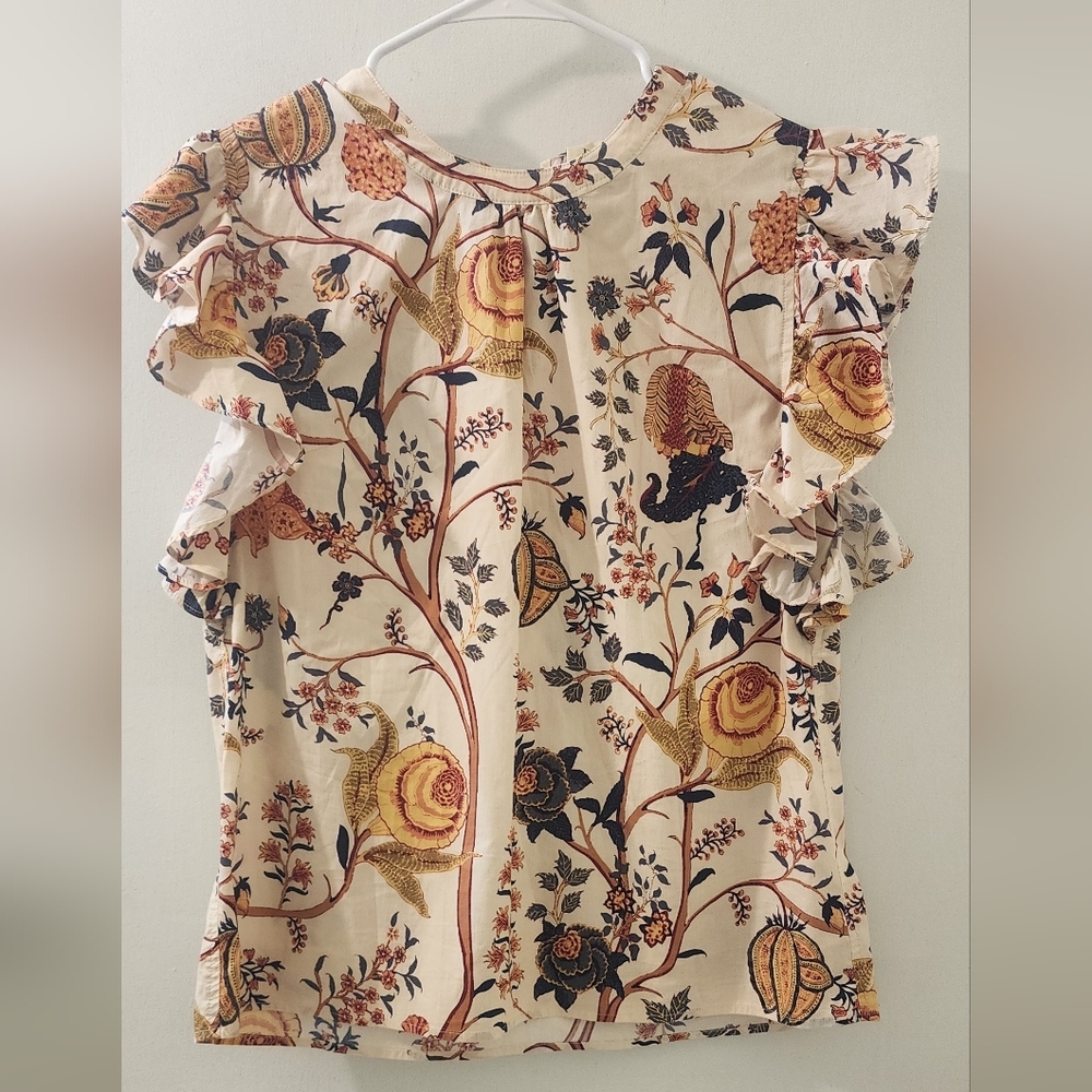 Elie Tahari Floral Ruffle Sleeve Top, Size Medium, Cotton.